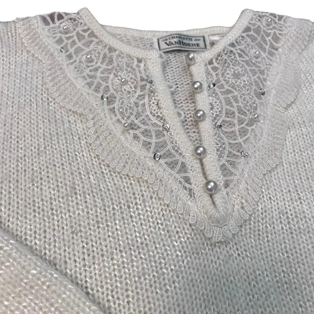 Vintage Charlotte VanHorne Cream Sweater Medium Lace Pearl Embellished‎ 80s